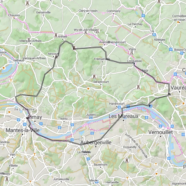 Map miniature of "The Mureaux and Arthies Loop" cycling inspiration in Ile-de-France, France. Generated by Tarmacs.app cycling route planner