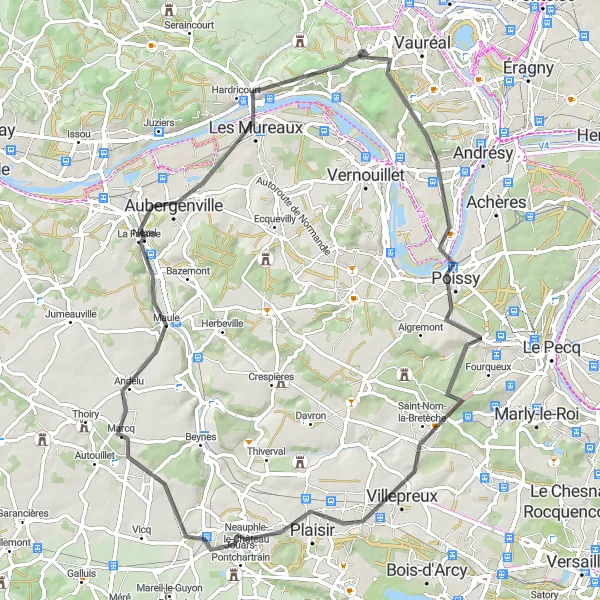 Map miniature of "Poissy and Aubergenville Adventure" cycling inspiration in Ile-de-France, France. Generated by Tarmacs.app cycling route planner