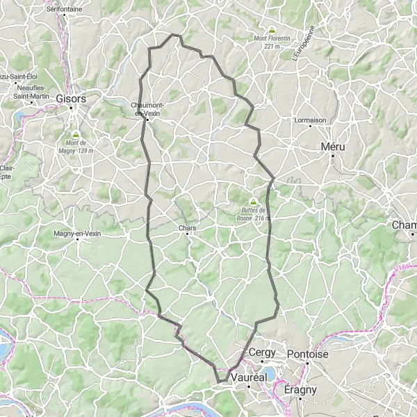 Miniature de la carte de l'inspiration cycliste "Boucle vers Chaumont-en-Vexin" dans la Ile-de-France, France. Générée par le planificateur d'itinéraire cycliste Tarmacs.app