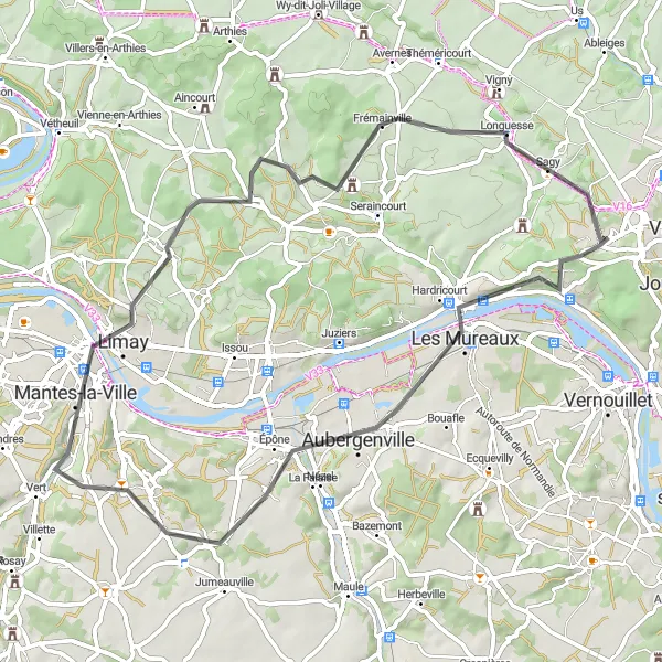 Map miniature of "Mantes-la-Jolie and Fontenay-Saint-Père Road Cycling Route" cycling inspiration in Ile-de-France, France. Generated by Tarmacs.app cycling route planner