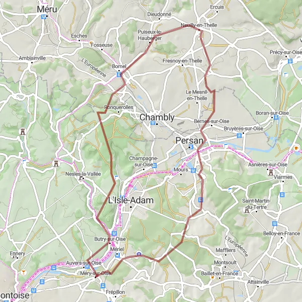 Miniature de la carte de l'inspiration cycliste "Tour Vélo de l'Oise" dans la Ile-de-France, France. Générée par le planificateur d'itinéraire cycliste Tarmacs.app