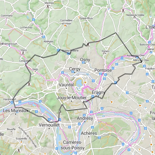 Map miniature of "Route Méry-sur-Oise to Éragny" cycling inspiration in Ile-de-France, France. Generated by Tarmacs.app cycling route planner