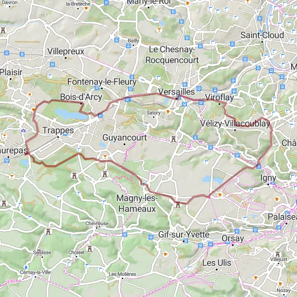 Map miniature of "Scenic Gravel Loop with Historical Sights" cycling inspiration in Ile-de-France, France. Generated by Tarmacs.app cycling route planner