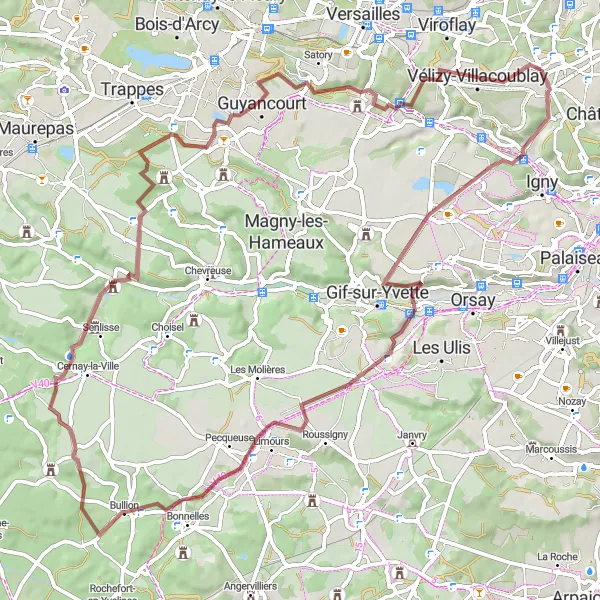 Map miniature of "Loop to the Promotoire des Étangs de Saclay" cycling inspiration in Ile-de-France, France. Generated by Tarmacs.app cycling route planner