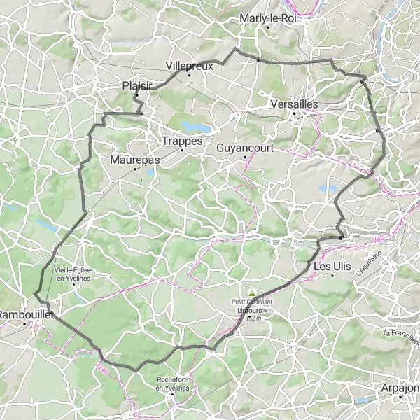 Map miniature of "Meudon-La-Forêt to Plaisir" cycling inspiration in Ile-de-France, France. Generated by Tarmacs.app cycling route planner