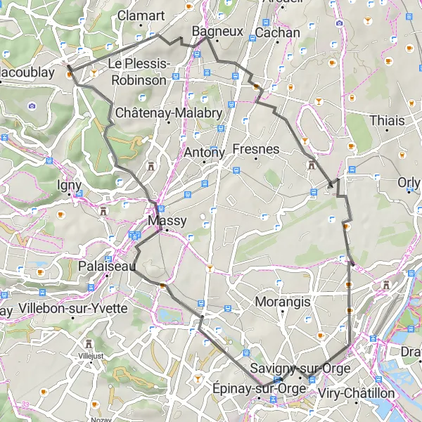 Map miniature of "Meudon-La-Forêt to Verrières-le-Buisson" cycling inspiration in Ile-de-France, France. Generated by Tarmacs.app cycling route planner