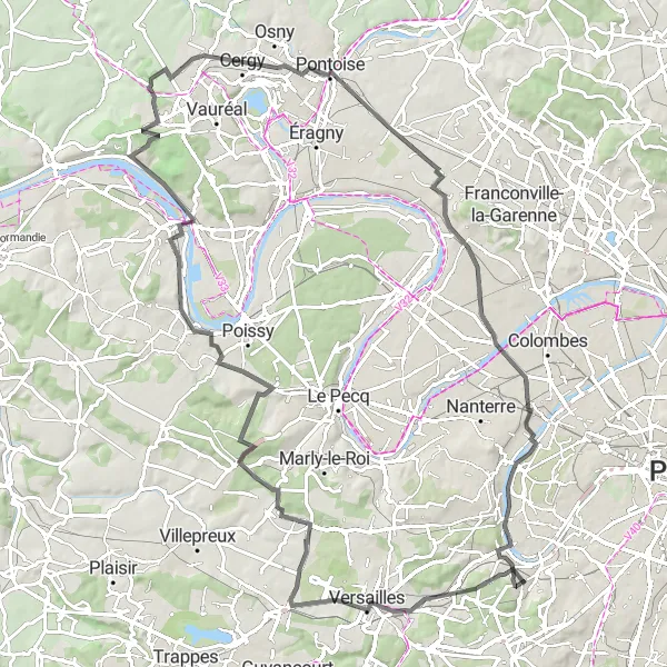 Map miniature of "Versailles and Senlis Grand Tour" cycling inspiration in Ile-de-France, France. Generated by Tarmacs.app cycling route planner