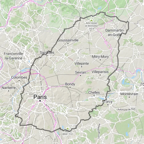 Map miniature of "Seine and Marne Challenge" cycling inspiration in Ile-de-France, France. Generated by Tarmacs.app cycling route planner
