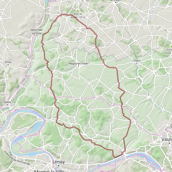 Map miniature of "Challenging Gravel Ride in Vexin Regional Nature Park" cycling inspiration in Ile-de-France, France. Generated by Tarmacs.app cycling route planner