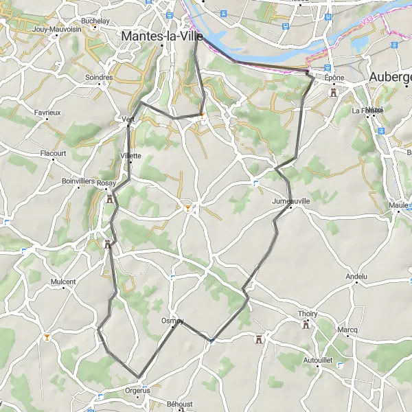 Map miniature of "Hidden Gems of Yvelines" cycling inspiration in Ile-de-France, France. Generated by Tarmacs.app cycling route planner