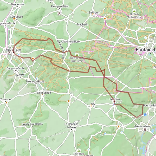 Miniature de la carte de l'inspiration cycliste "Aventure gravel à travers la forêt de Fontainebleau" dans la Ile-de-France, France. Générée par le planificateur d'itinéraire cycliste Tarmacs.app