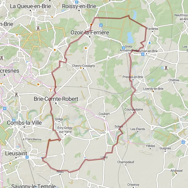 Map miniature of "Tranquil Gravel Ride Exploring Moissy-Cramayel's Surroundings" cycling inspiration in Ile-de-France, France. Generated by Tarmacs.app cycling route planner