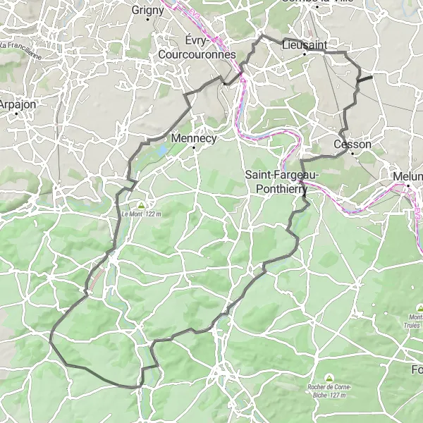 Map miniature of "Challenging Road Cycling Loop from Moissy-Cramayel" cycling inspiration in Ile-de-France, France. Generated by Tarmacs.app cycling route planner