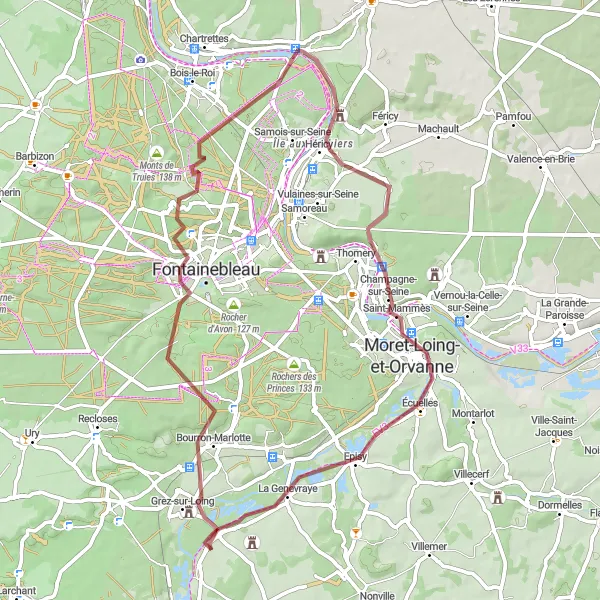 Map miniature of "Fontainbleau Forest Gravel Adventure" cycling inspiration in Ile-de-France, France. Generated by Tarmacs.app cycling route planner