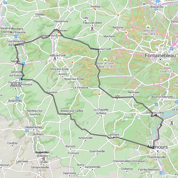 Miniature de la carte de l'inspiration cycliste "Boucle à travers les Bois de Fontainebleau" dans la Ile-de-France, France. Générée par le planificateur d'itinéraire cycliste Tarmacs.app