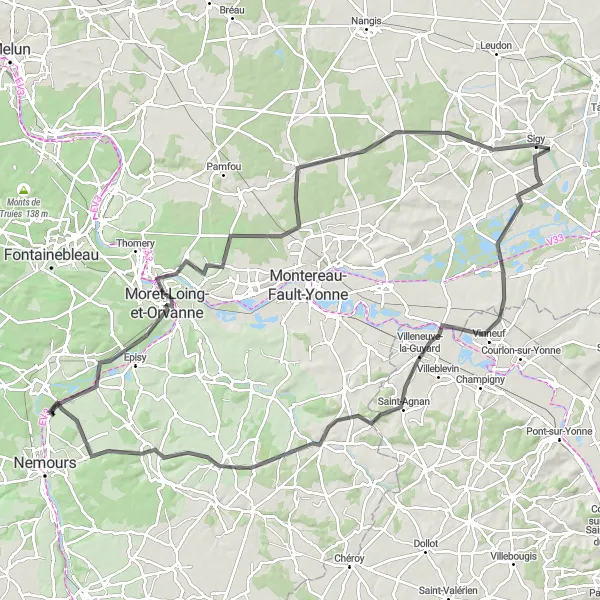 Miniature de la carte de l'inspiration cycliste "Parcours Champêtre en Seine-et-Marne" dans la Ile-de-France, France. Générée par le planificateur d'itinéraire cycliste Tarmacs.app