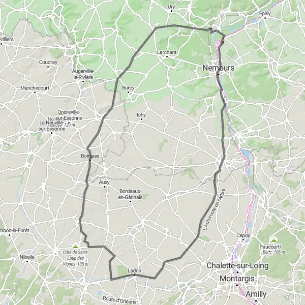 Map miniature of "Nemours and Beyond" cycling inspiration in Ile-de-France, France. Generated by Tarmacs.app cycling route planner