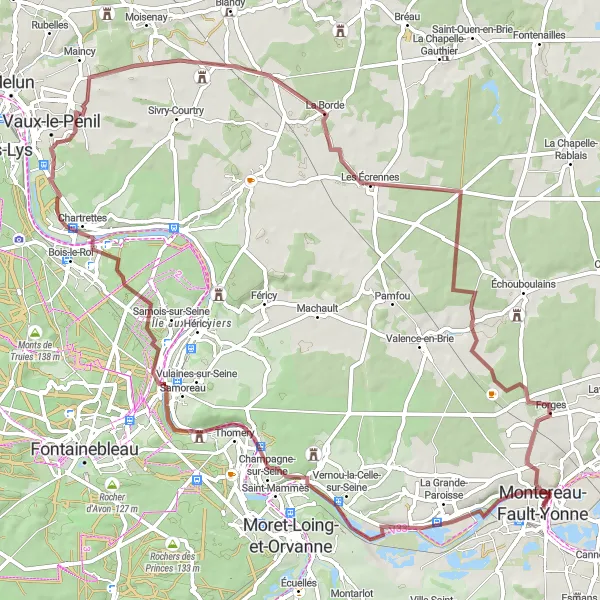 Miniature de la carte de l'inspiration cycliste "Boucle de la Vallée du Loing" dans la Ile-de-France, France. Générée par le planificateur d'itinéraire cycliste Tarmacs.app