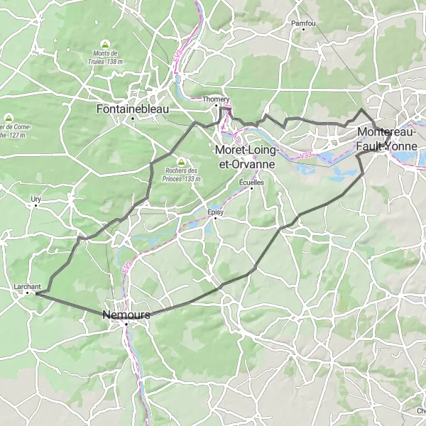 Map miniature of "The Seine-et-Loing Loop" cycling inspiration in Ile-de-France, France. Generated by Tarmacs.app cycling route planner