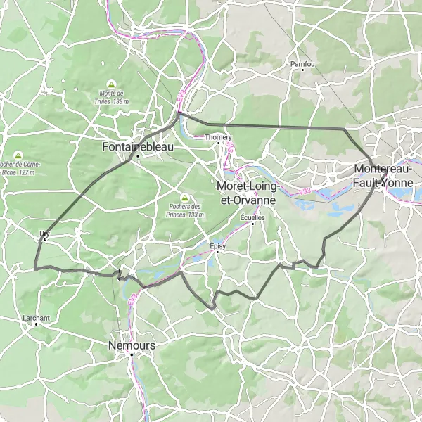 Miniature de la carte de l'inspiration cycliste "Parcours en vélo de route vers Fontainebleau" dans la Ile-de-France, France. Générée par le planificateur d'itinéraire cycliste Tarmacs.app