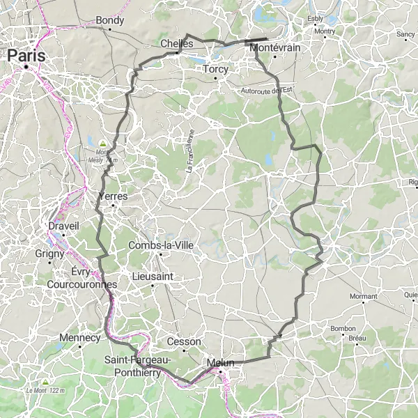 Map miniature of "The Brie Country Road" cycling inspiration in Ile-de-France, France. Generated by Tarmacs.app cycling route planner