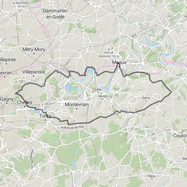 Miniature de la carte de l'inspiration cycliste "Parcours vers Bussy-Saint-Georges et Vaires-sur-Marne" dans la Ile-de-France, France. Générée par le planificateur d'itinéraire cycliste Tarmacs.app