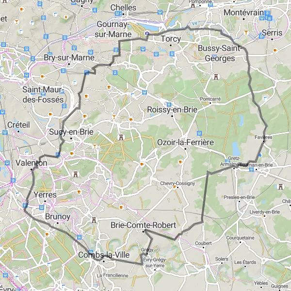Miniature de la carte de l'inspiration cycliste "Boucle autour de Montgeron" dans la Ile-de-France, France. Générée par le planificateur d'itinéraire cycliste Tarmacs.app