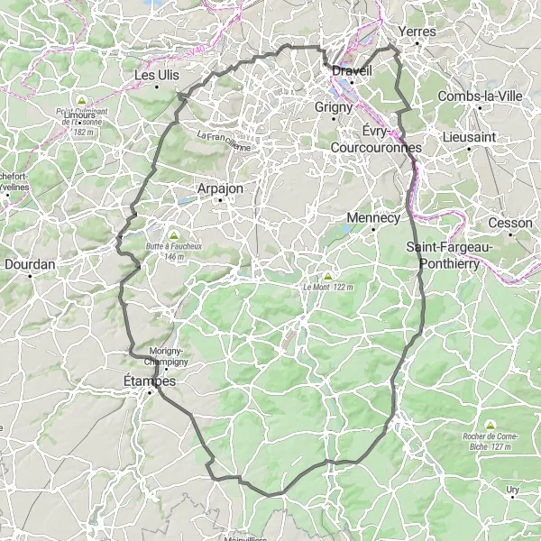 Map miniature of "The Hilly Challenge" cycling inspiration in Ile-de-France, France. Generated by Tarmacs.app cycling route planner