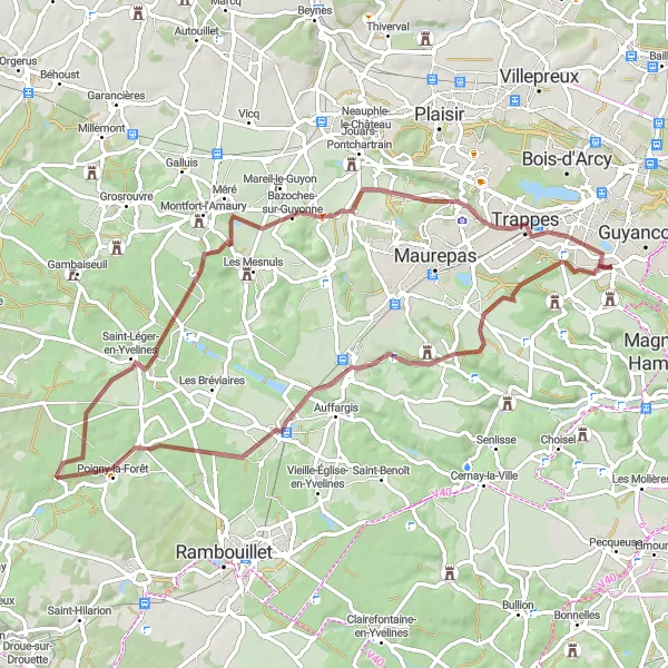 Map miniature of "Challenging Gravel Loop" cycling inspiration in Ile-de-France, France. Generated by Tarmacs.app cycling route planner