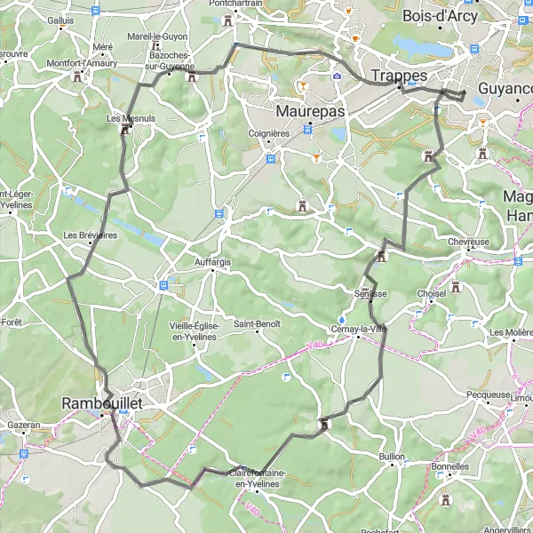 Map miniature of "Discover the Yvelines" cycling inspiration in Ile-de-France, France. Generated by Tarmacs.app cycling route planner