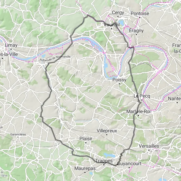 Map miniature of "Hills and Beautiful Vistas" cycling inspiration in Ile-de-France, France. Generated by Tarmacs.app cycling route planner