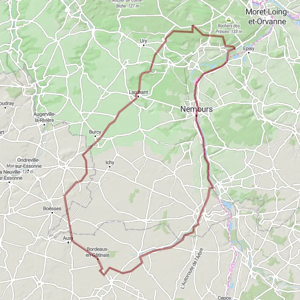 Map miniature of "Gravel adventure through Nemours and Larchant" cycling inspiration in Ile-de-France, France. Generated by Tarmacs.app cycling route planner