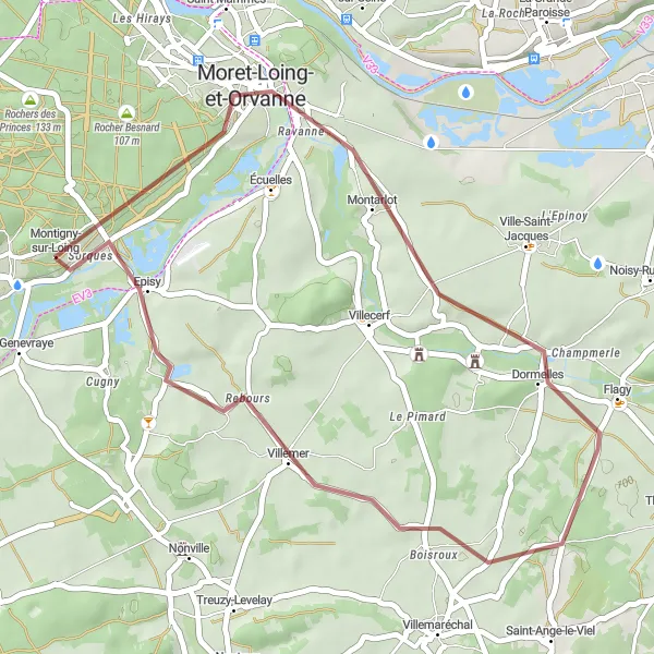 Miniature de la carte de l'inspiration cycliste "Circuit Gravel Montarlot et Dormelles" dans la Ile-de-France, France. Générée par le planificateur d'itinéraire cycliste Tarmacs.app