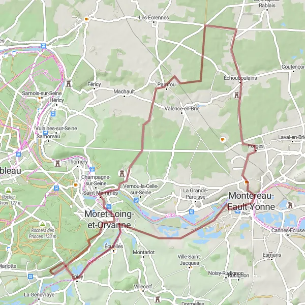 Map miniature of "Scenic gravel ride to Montereau-Fault-Yonne" cycling inspiration in Ile-de-France, France. Generated by Tarmacs.app cycling route planner