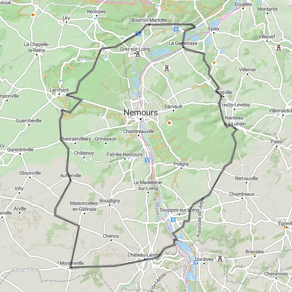 Map miniature of "The Road to Natural Wonders" cycling inspiration in Ile-de-France, France. Generated by Tarmacs.app cycling route planner