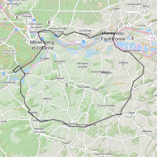 Map miniature of "Road cycling adventure through La Grande-Paroisse" cycling inspiration in Ile-de-France, France. Generated by Tarmacs.app cycling route planner