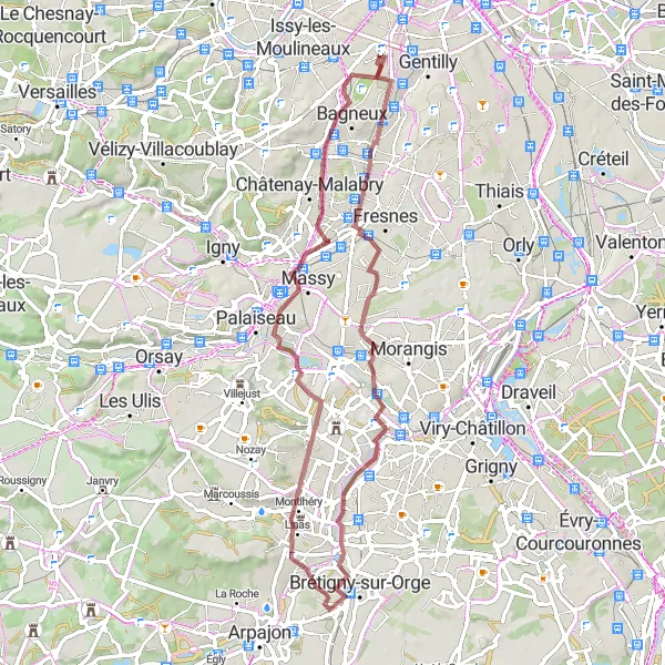 Map miniature of "Montrouge to Cascades Gravel Ride" cycling inspiration in Ile-de-France, France. Generated by Tarmacs.app cycling route planner