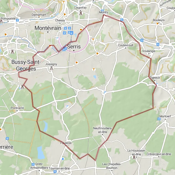 Miniature de la carte de l'inspiration cycliste "Parcours de vélo gravel à partir de Montry" dans la Ile-de-France, France. Générée par le planificateur d'itinéraire cycliste Tarmacs.app
