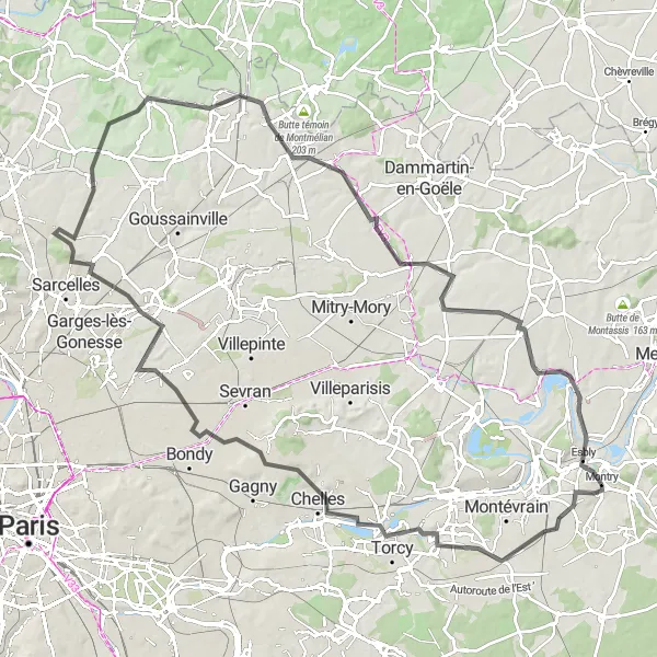 Miniature de la carte de l'inspiration cycliste "Boucle de Montry à travers Torcy et Le Blanc-Mesnil" dans la Ile-de-France, France. Générée par le planificateur d'itinéraire cycliste Tarmacs.app
