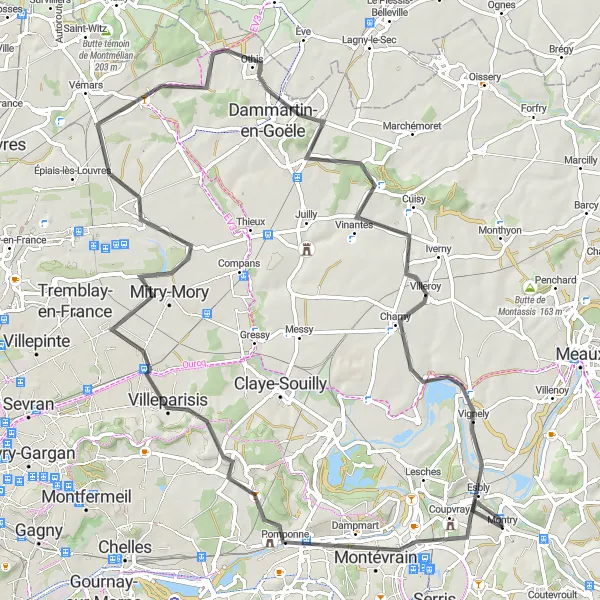 Miniature de la carte de l'inspiration cycliste "Route pittoresque de Coupvray à Montry" dans la Ile-de-France, France. Générée par le planificateur d'itinéraire cycliste Tarmacs.app