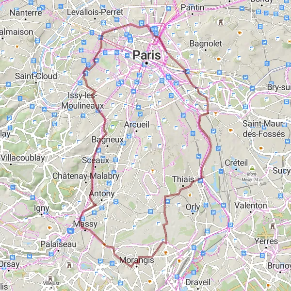 Map miniature of "Morangis to Paray-Vieille-Poste, Highlights via Antony, Tour Eiffel" cycling inspiration in Ile-de-France, France. Generated by Tarmacs.app cycling route planner