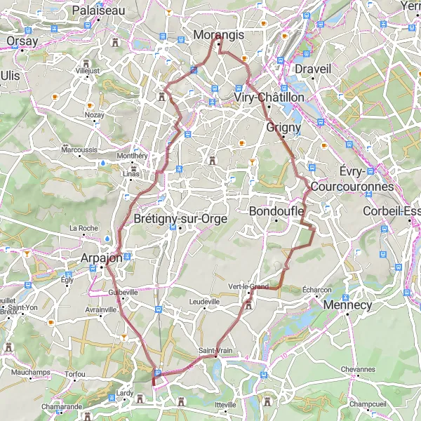 Map miniature of "Gravel Adventure near Morangis" cycling inspiration in Ile-de-France, France. Generated by Tarmacs.app cycling route planner