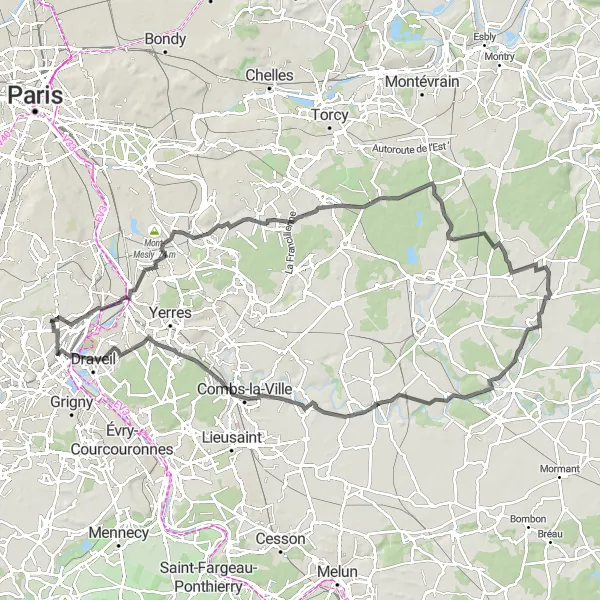 Map miniature of "Châteaux Tour of Morangis" cycling inspiration in Ile-de-France, France. Generated by Tarmacs.app cycling route planner