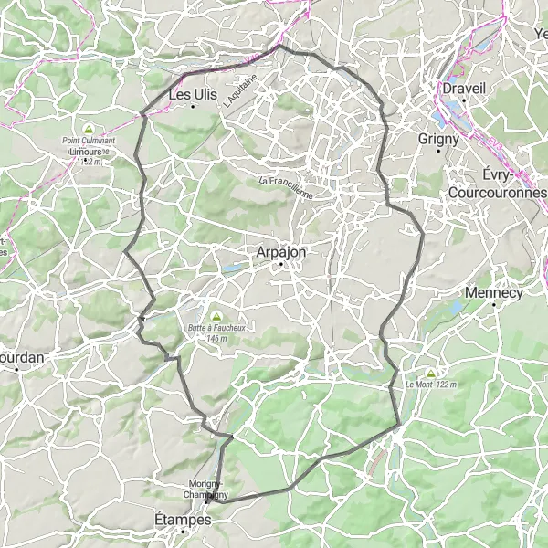 Miniature de la carte de l'inspiration cycliste "Belle Boucle à partir de Morigny-Champigny" dans la Ile-de-France, France. Générée par le planificateur d'itinéraire cycliste Tarmacs.app