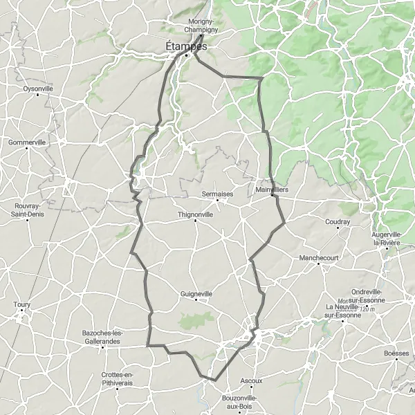 Map miniature of "Charming Beauce Villages" cycling inspiration in Ile-de-France, France. Generated by Tarmacs.app cycling route planner