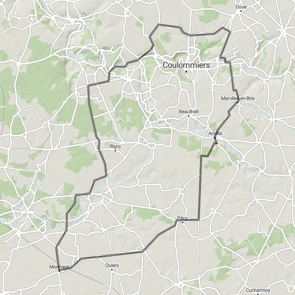 Map miniature of "The Mormant Loop" cycling inspiration in Ile-de-France, France. Generated by Tarmacs.app cycling route planner