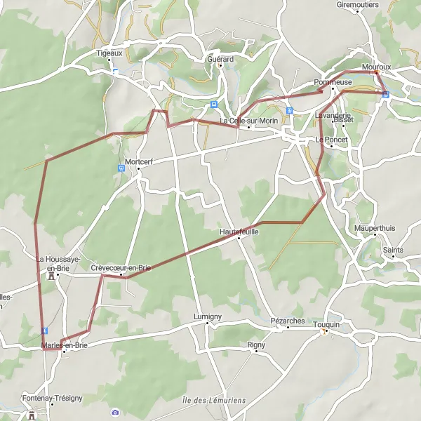 Map miniature of "Gravel Tour around Mouroux" cycling inspiration in Ile-de-France, France. Generated by Tarmacs.app cycling route planner