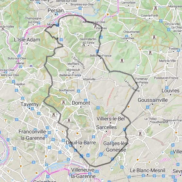 Miniature de la carte de l'inspiration cycliste "Itinéraire cycliste de Viarmes à Mours" dans la Ile-de-France, France. Générée par le planificateur d'itinéraire cycliste Tarmacs.app