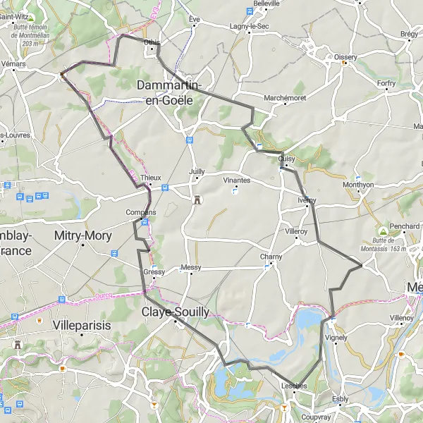 Map miniature of "Picturesque Road Loop Around Moussy-le-Neuf" cycling inspiration in Ile-de-France, France. Generated by Tarmacs.app cycling route planner