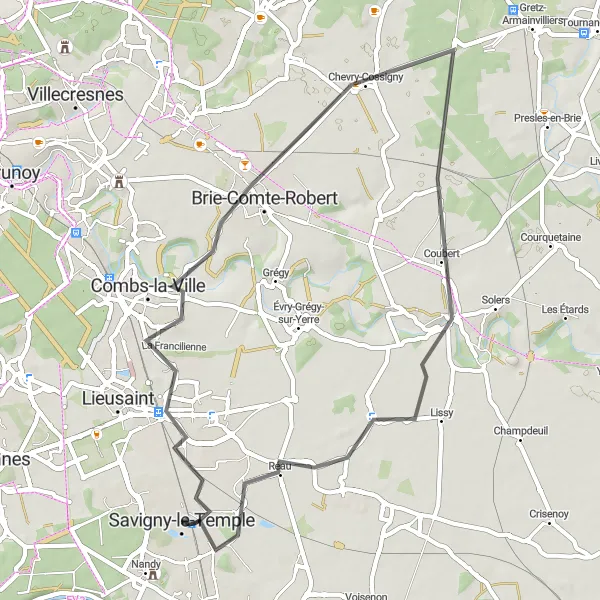 Map miniature of "The Villemeneux Loop" cycling inspiration in Ile-de-France, France. Generated by Tarmacs.app cycling route planner